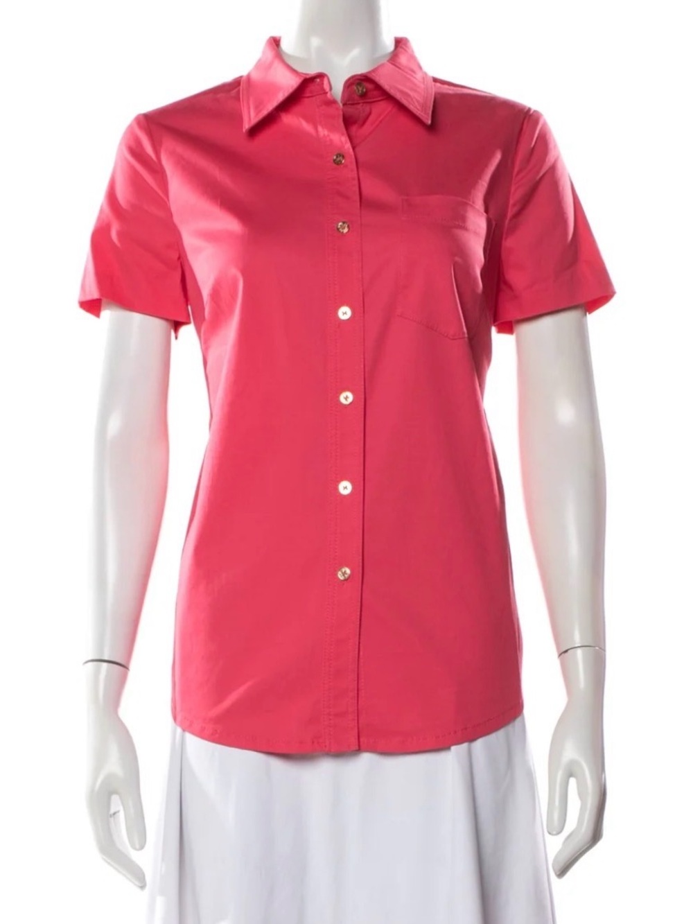 Tory Burch Pink gold Logo Button down shorts sleeve Shirt Cotton size 12 Top
